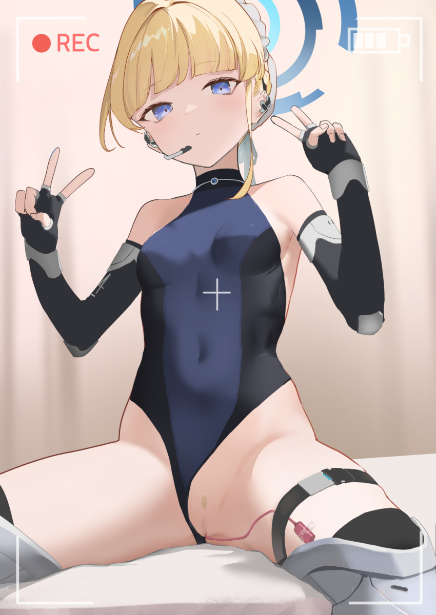 1girl bangs bare_shoulders black_gloves black_leotard blonde_hair blue_archive blue_eyes blue_leotard blue_ribbon blush boots braid breasts bun_cover censored clothing_aside covered_navel double_v earpiece elbow_gloves female_pubic_hair fingerless_gloves french_braid gloves hair_bun hair_ribbon halo highleg highleg_leotard highres leotard leotard_aside looking_at_viewer maid_headdress nuda pubic_hair pussy recording ribbon sex_toy short_hair single_hair_bun sitting small_breasts solo thigh_boots thigh_strap thighs toki_(blue_archive) two-tone_leotard v vibrator vibrator_cord vibrator_in_thigh_strap viewfinder white_footwear