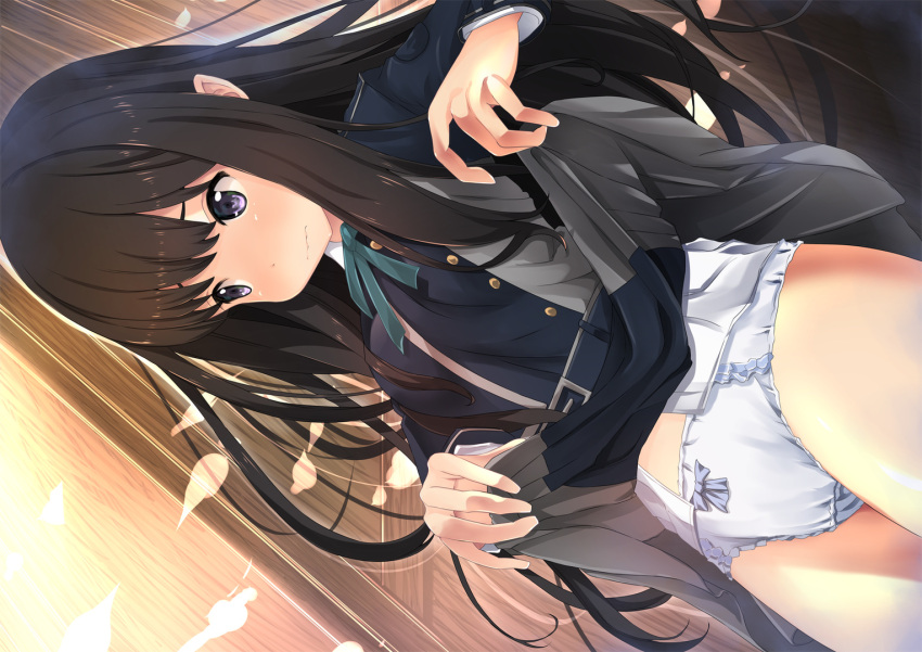 1girl bangs black_dress black_hair blush bow bow_panties breasts closed_mouth clothes_lift commentary_request dress dress_lift dutch_angle eyebrows_hidden_by_hair gc3 grey_dress inoue_takina long_hair long_sleeves lycoris_recoil panties petals pleated_dress purple_eyes small_breasts solo standing two-tone_dress underwear very_long_hair wavy_mouth white_panties