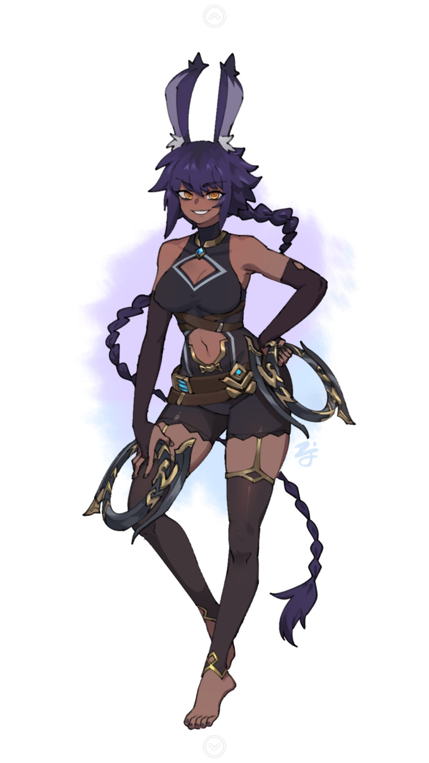 1girl absurdres animal_ear_fluff animal_ears bangs bare_shoulders belt black_leggings braid breasts bridal_gauntlets brown_belt chakram cleavage cleavage_cutout clothing_cutout commission dark-skinned_female dark_skin detached_leggings difman full_body garter_straps hair_between_eyes highres holding holding_weapon leggings long_hair looking_at_viewer medium_breasts navel navel_cutout orange_eyes original purple_hair rabbit_ears single_braid smile solo standing standing_on_one_leg very_long_hair weapon white_background