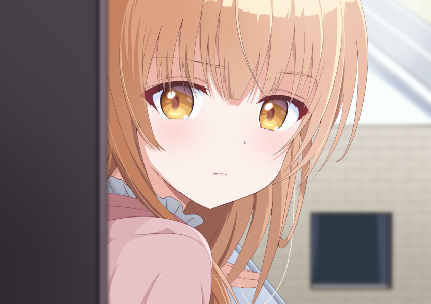 1girl bangs blurry blurry_background blurry_foreground brown_eyes brown_hair closed_mouth commentary_request depth_of_field derivative_work hair_between_eyes indoors long_hair looking_at_viewer looking_to_the_side otonari_no_tenshi-sama_ni_itsu_no_mani_ka_dame_ningen_ni_sarete_ita_ken pink_shirt shiina_mahiru_(otonari_no_tenshi-sama) shirt solo upper_body yutsuki_warabi