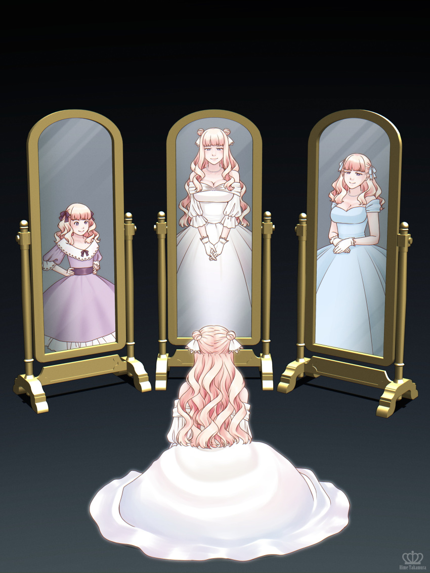 3d absurdres age_comparison artist_name bangs bead_necklace beads blonde_hair blue_dress breasts cleavage commentary different_reflection double_bun dress gloves hair_bun hands_on_hips highres hime_takamura jewelry large_breasts long_dress long_hair mirror mixed_media multiple_persona necklace original purple_dress purple_eyes reflection sitting smile strapless strapless_dress thyra_teravathinia watermark white_dress white_gloves