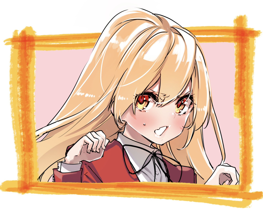 1girl aisaka_taiga azuma_sawayoshi black_ribbon blazer blush fang framed highres jacket light_brown_hair long_hair open_mouth orange_eyes pink_background portrait red_jacket ribbon school_uniform skin_fang solo teardrop toradora! white_background