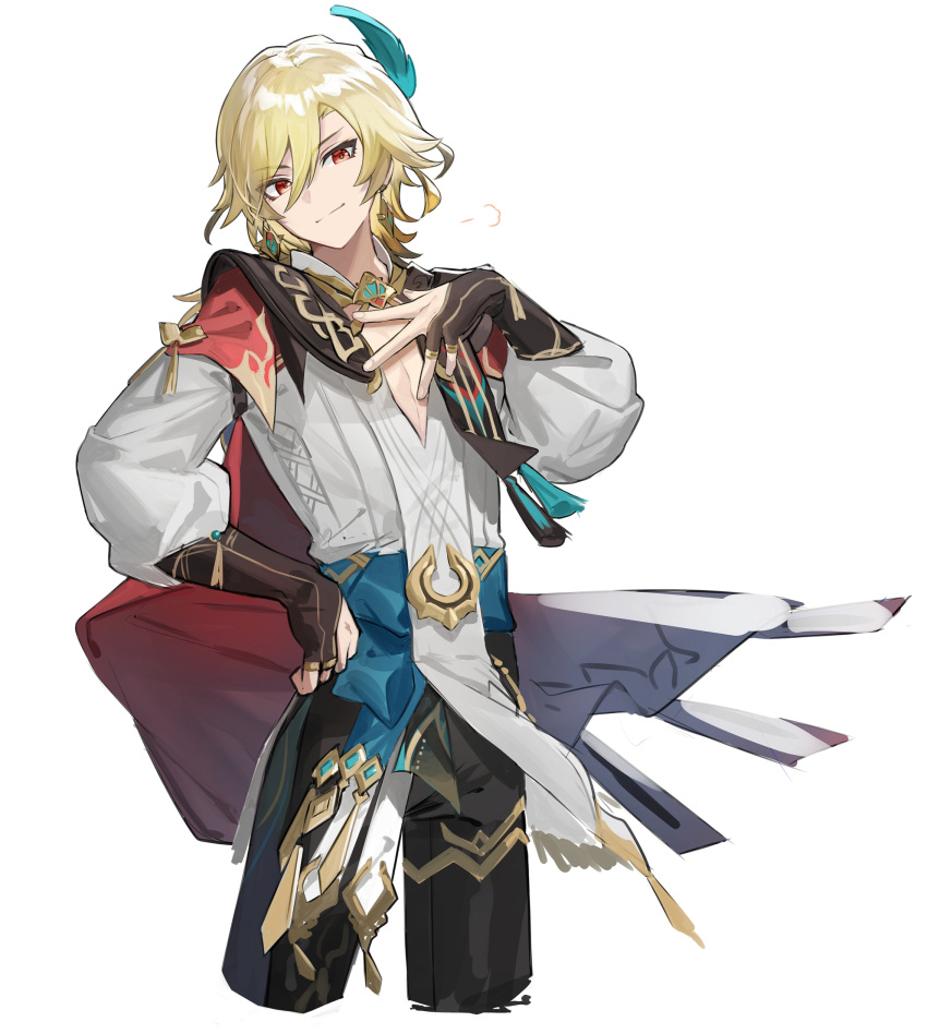 1boy bangs black_pants blonde_hair blue_gemstone brown_gloves cape closed_mouth earrings feather_hair_ornament feathers gem genshin_impact gloves grey_shirt hair_between_eyes hair_ornament hand_on_hip hand_up hayama_eishi highres jewelry kaveh_(genshin_impact) long_sleeves looking_to_the_side male_focus mandarin_collar pants puffy_long_sleeves puffy_sleeves red_cape red_eyes ring shirt short_hair simple_background smile solo standing tassel v-shaped_eyebrows white_background