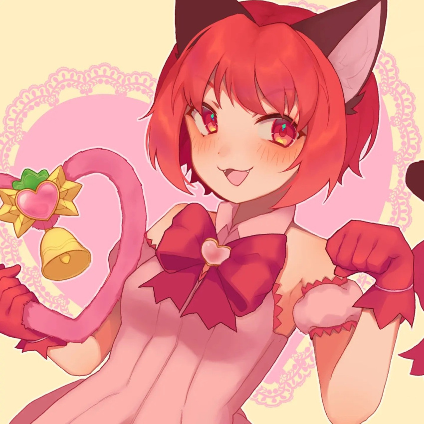 1girl :3 animal_ear_fluff animal_ears bangs bare_shoulders bell bob_cut bow bowtie breasts brooch cat_ears cat_girl cat_tail collared_dress commentary detached_sleeves dress english_commentary fangs gloves hands_up happy heart heart_background highres holding holding_heart jewelry looking_at_viewer mew_ichigo momomiya_ichigo narvi open_mouth outline paw_pose pink_background pink_dress pink_gemstone red_bow red_bowtie red_eyes red_gloves red_hair short_hair short_sleeves sidelocks sleeveless sleeveless_dress small_breasts smile solo standing tail tokyo_mew_mew_new two-tone_background upper_body white_outline