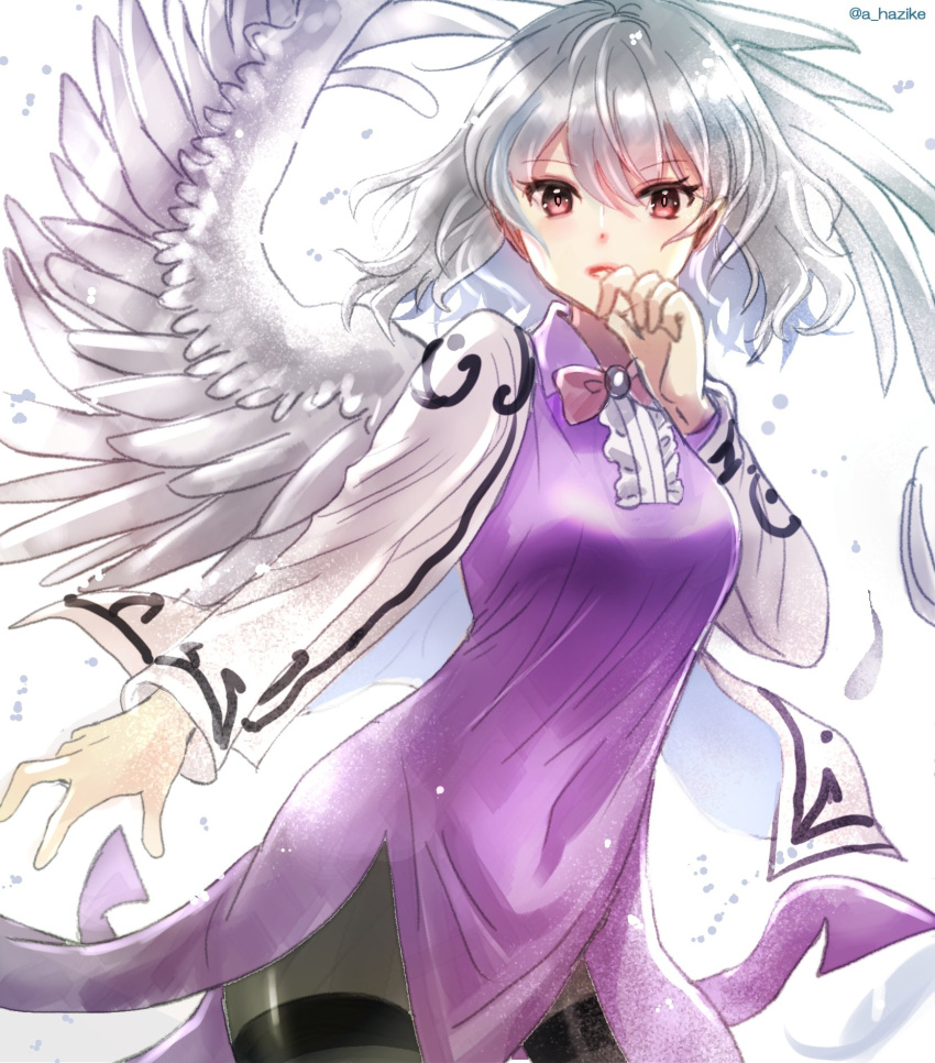 1girl angel_wings bangs bow bowtie breasts brooch contrapposto cowboy_shot dress feathered_wings grey_hair hair_between_eyes hajike_akira highres jacket jewelry kishin_sagume large_breasts long_sleeves looking_at_viewer medium_hair pantyhose purple_dress red_bow red_bowtie short_hair single_wing solo touhou white_wings wings