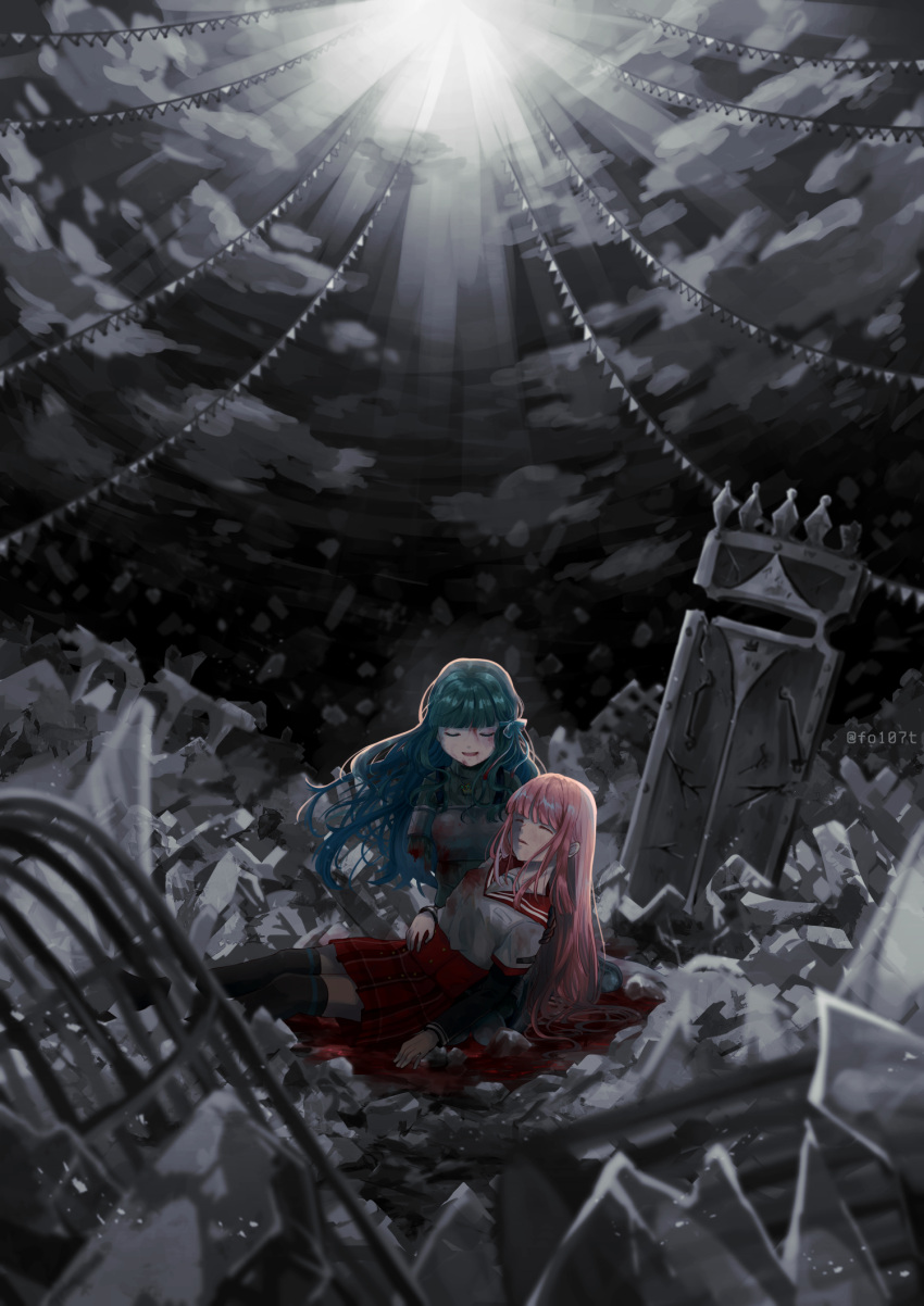 2girls :d amputee aqua_hair aqua_ribbon armless_amputee armor bangs black_sleeves black_thighhighs bleeding blood blood_on_clothes blood_on_face blunt_bangs breast_pocket breastplate broken_glass buttons cage closed_eyes colored_with_greyscale_background death deep_wound futaba_sana glass gradient_hair green_sweater guro hair_down hair_ribbon hand_on_own_stomach highres injury jewelry kamihama_university_affiliated_school_uniform layered_sleeves long_hair long_sleeves lying magia_record:_mahou_shoujo_madoka_magica_gaiden magical_girl mahou_shoujo_madoka_magica miniskirt missing_limb multicolored_hair multiple_girls necklace no_headwear open_mouth pale_skin parted_lips pieta pink_hair plaid plaid_skirt pleated_skirt pocket puddle_of_blood red_sailor_collar red_skirt ribbon sad_smile sailor_collar school_uniform serafuku shield shirt short_over_long_sleeves short_sleeves sidelocks skirt smile sweater tamaki_iroha thighhighs totte tress_ribbon turtleneck turtleneck_sweater twitter_username very_long_hair wavy_hair white_shirt