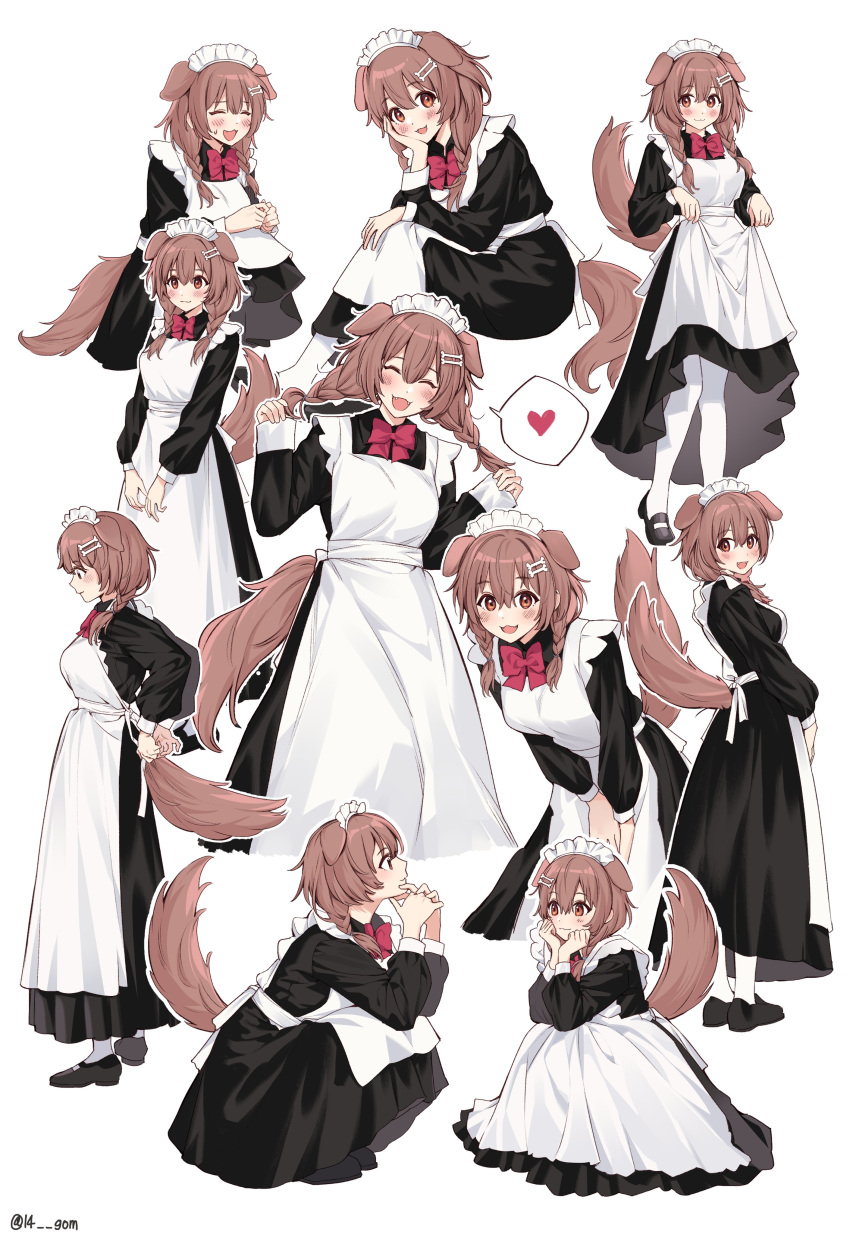 14_(vision5032) 1girl absurdres alternate_costume animal_ears apron black_dress black_footwear bone_hair_ornament braid brown_eyes brown_hair commentary dog_ears dog_girl dog_tail dress enmaided fangs full_body hair_ornament heart highres hololive inugami_korone leaning_forward long_dress long_sleeves maid maid_apron maid_headdress mary_janes multiple_views neck_ribbon open_mouth red_ribbon ribbon shoes smile socks spoken_heart squatting standing tail twin_braids virtual_youtuber white_apron white_socks