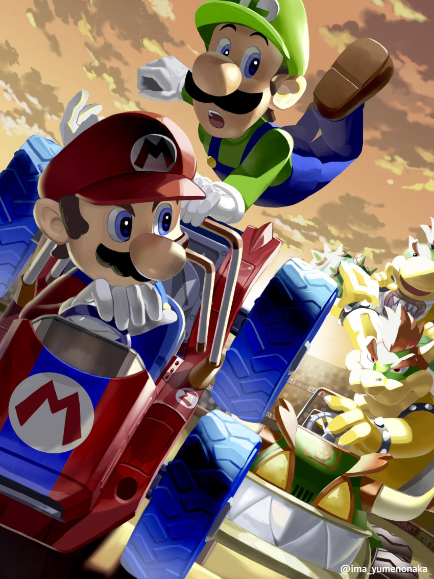 4boys arm_up armlet artist_name blue_eyes blue_overalls bowser bowser_jr. bracelet brothers brown_hair buttons claws cloud driving facial_hair father_and_son gloves go-kart green_headwear green_shirt hat highres holding horns jewelry long_sleeves looking_at_another looking_back luigi male_focus mario mario_(series) mario_kart mario_kart:_double_dash!! multiple_boys mustache open_mouth orange_sky outdoors overalls red_eyes red_hair red_headwear red_shirt sharp_teeth shell shirt short_hair siblings sky spiked_armlet spiked_bracelet spiked_shell spikes stadium sunset teeth twitter_username upper_teeth_only v-shaped_eyebrows white_gloves yuuma_rimi