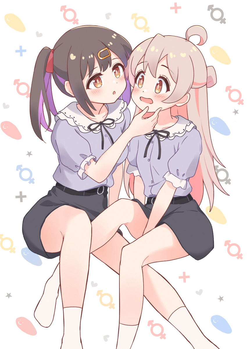 2girls absurdres ahoge bare_arms bare_legs belt between_legs black_hair black_skirt blush brown_eyes commentary_request free_palet hair_ornament hairclip hand_between_legs hand_on_another's_chin highres long_hair looking_at_another male-female_symbol matching_outfit multicolored_hair multiple_girls no_shoes onii-chan_wa_oshimai! open_mouth oyama_mahiro oyama_mihari pink_hair puffy_short_sleeves puffy_sleeves purple_hair purple_shirt shirt short_sleeves siblings simple_background sisters sitting skirt socks streaked_hair twintails two-tone_hair white_background white_socks yuri