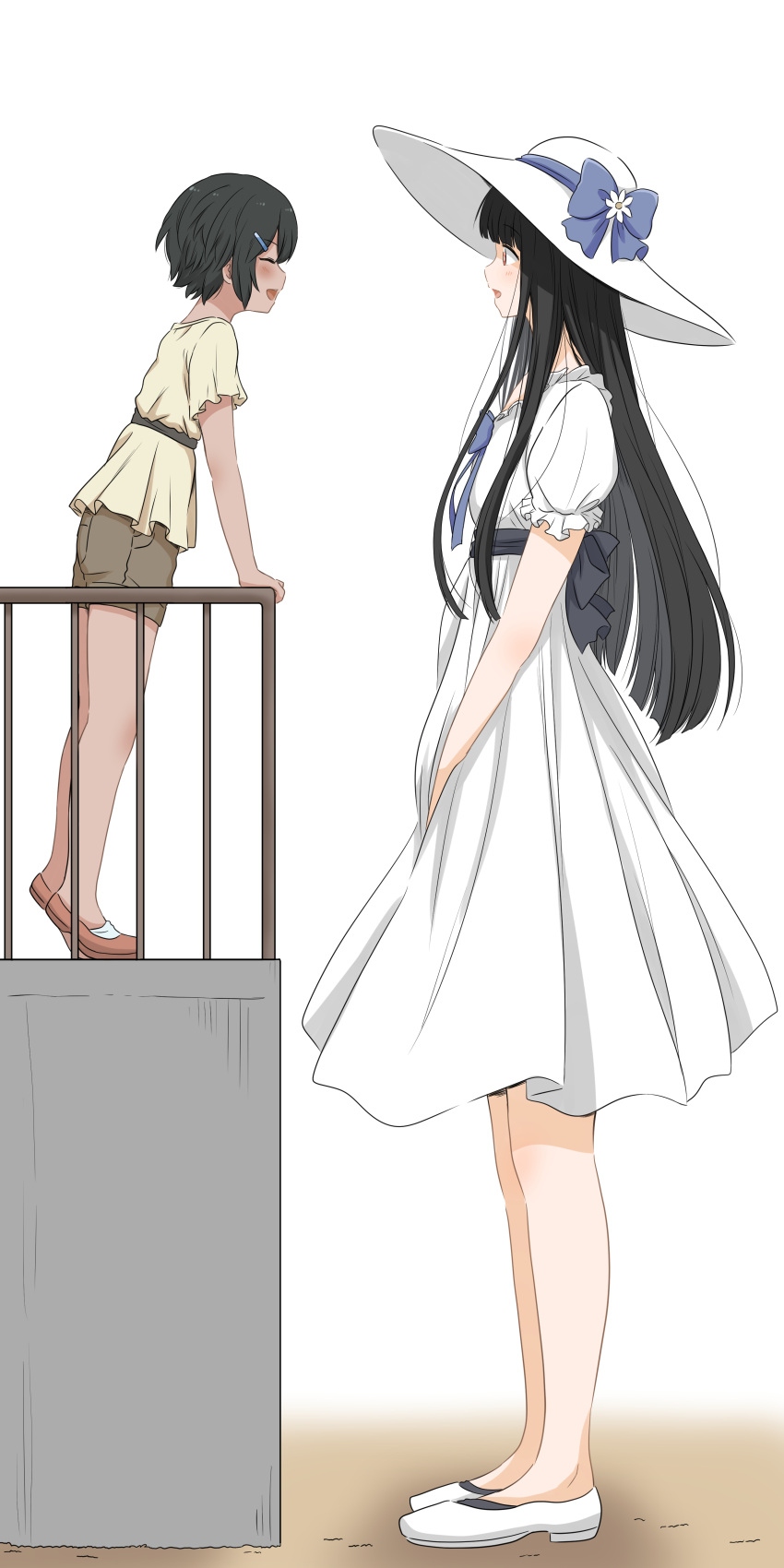 2girls :d absurdres bare_arms bare_legs black_hair blue_bow blue_bowtie bow bowtie brown_footwear brown_shorts closed_eyes commentary dress facing_another from_side hair_ornament hairclip hand_on_railing hasshaku-sama hat hat_bow height_difference highres leaning_forward long_hair looking_at_another multiple_girls noto-kanna open_mouth original profile puffy_short_sleeves puffy_sleeves railing shirt shoes short_hair short_sleeves shorts sidelocks simple_background smile sun_hat tall_female tan tiptoes white_background white_dress white_footwear white_headwear yellow_shirt