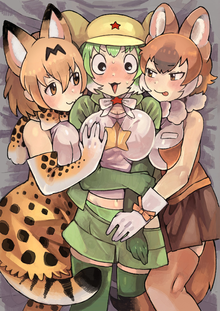 3girls :3 :p absurdres animal_ears animal_print arm_between_breasts assertive_female assisted_exposure bangs bare_arms bare_shoulders between_breasts black_eyes blonde_hair blush bow bowtie breast_grab breast_pocket breasts brown_eyes brown_hair brown_skirt brown_thighhighs clothes_pull commentary_request crossover dhole_(kemono_friends) dog_ears dog_girl dog_tail elbow_gloves extra_ears from_above gloves grabbing green_gloves green_hair green_panties green_shirt green_shorts green_thighhighs hair_between_eyes hand_on_another's_chest hat high-waist_skirt highres igarashi_(nogiheta) kemono_friends kemono_friends_3 keroro_(kemono_friends) keroro_gunsou large_breasts looking_at_another lying medium_breasts medium_hair midriff miniskirt multicolored_hair multiple_girls naughty_face navel nervous nose_blush on_back open_clothes open_mouth open_shirt panties pocket print_bow print_bowtie print_gloves print_skirt pulled_by_another scarf serval_(kemono_friends) serval_print shirt shirt_under_shirt short_shorts short_sleeves shorts shorts_pull side-by-side skirt sleeveless sleeveless_shirt smile star_(symbol) stomach sweat tail thighhighs tongue tongue_out two-tone_hair unaligned_breasts underwear v-shaped_eyebrows white_hair wide-eyed yuri