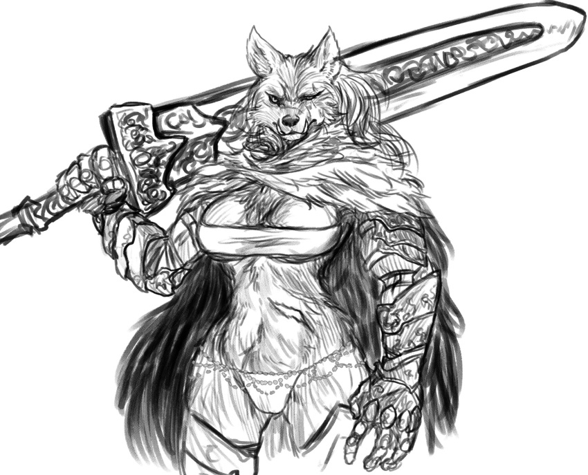 2023 5_fingers abdominal_scar anthro armor bandeau bent_arm big_sword bikini bikini_bottom biped blaidd_(elden_ring) breasts canid canine canis cheek_scar cloak clothed clothed_anthro clothed_female clothing crossgender digital_drawing_(artwork) digital_media_(artwork) elden_ring eye_scar eyebrows facial_scar female fingers fluffy fromsoftware front_view fur fur_tuft gauntlets gloves hair handwear hi_res holding_melee_weapon holding_object holding_sword holding_weapon humanoid_hands ketsuneko looking_at_viewer mammal medium_breasts melee_weapon monochrome mouth_closed mtf_crossgender navel portrait scar snout solo standing swimwear sword three-quarter_portrait topwear tuft unconvincing_armor weapon wolf