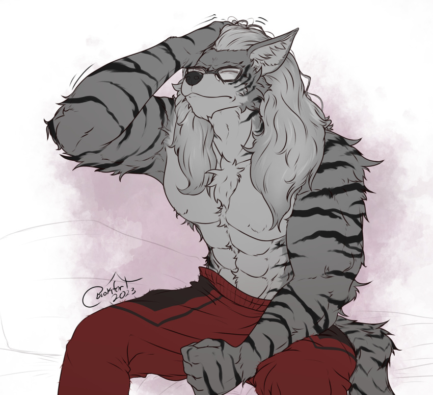 2023 abs blokfort canid canine canis clothed clothing coyote eyes_closed eyewear felid fur glasses grey_body grey_fur grey_hair hair hybrid male mammal muscular pajamas pantherine simple_background sitting solo stripes tiger tired topless