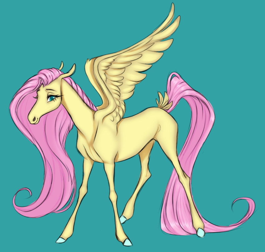 2022 blue_hooves digital_drawing_(artwork) digital_media_(artwork) equid equine eyelashes feathers female feral fluttershy_(mlp) friendship_is_magic full-length_portrait hair hasbro hi_res hooves long_tail mammal mane my_little_pony pegasus pink_hair pink_mane pink_tail portrait quadruped simple_background smile solo spread_wings tail teal_background teal_eyes thin_legs wings witherslayer73 yellow_body yellow_feathers