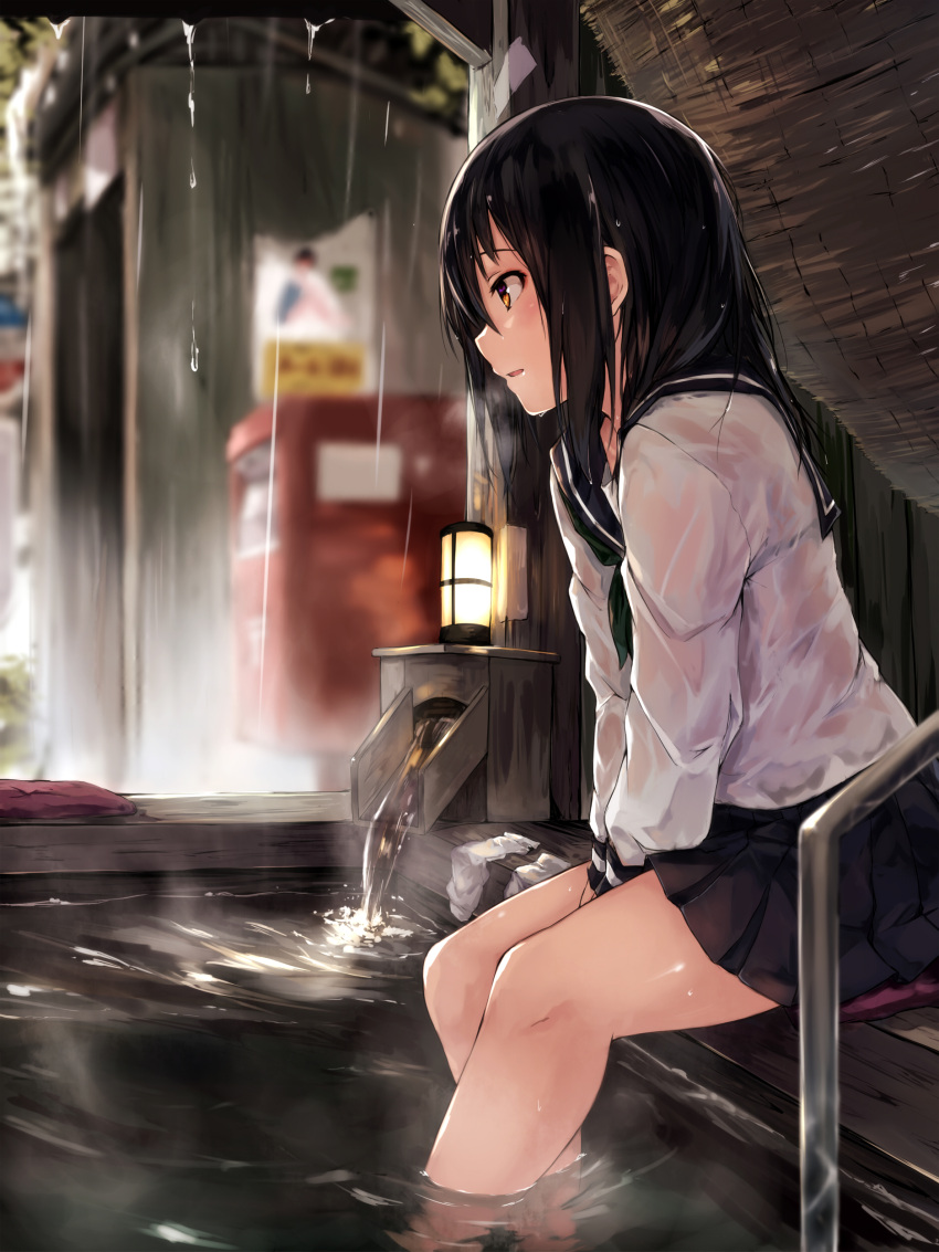 1girl absurdres ashiyu bathhouse bathing between_legs black_hair black_sailor_collar black_skirt blurry blurry_background blush brown_eyes commentary_request cushion depth_of_field duplicate feet_out_of_frame foot_bath from_side green_neckerchief hand_between_legs highres lantern leaning_forward long_hair long_sleeves maki_(maki_pei) neckerchief open_mouth original outdoors pillow pixel-perfect_duplicate pleated_skirt postbox_(outgoing_mail) profile railing rain ripples sailor_collar school_uniform see-through serafuku shirt sidelocks sitting sitting_on_pillow skirt smile soaking_feet socks socks_removed solo steam v_arms water wet wet_clothes wet_hair white_shirt zabuton