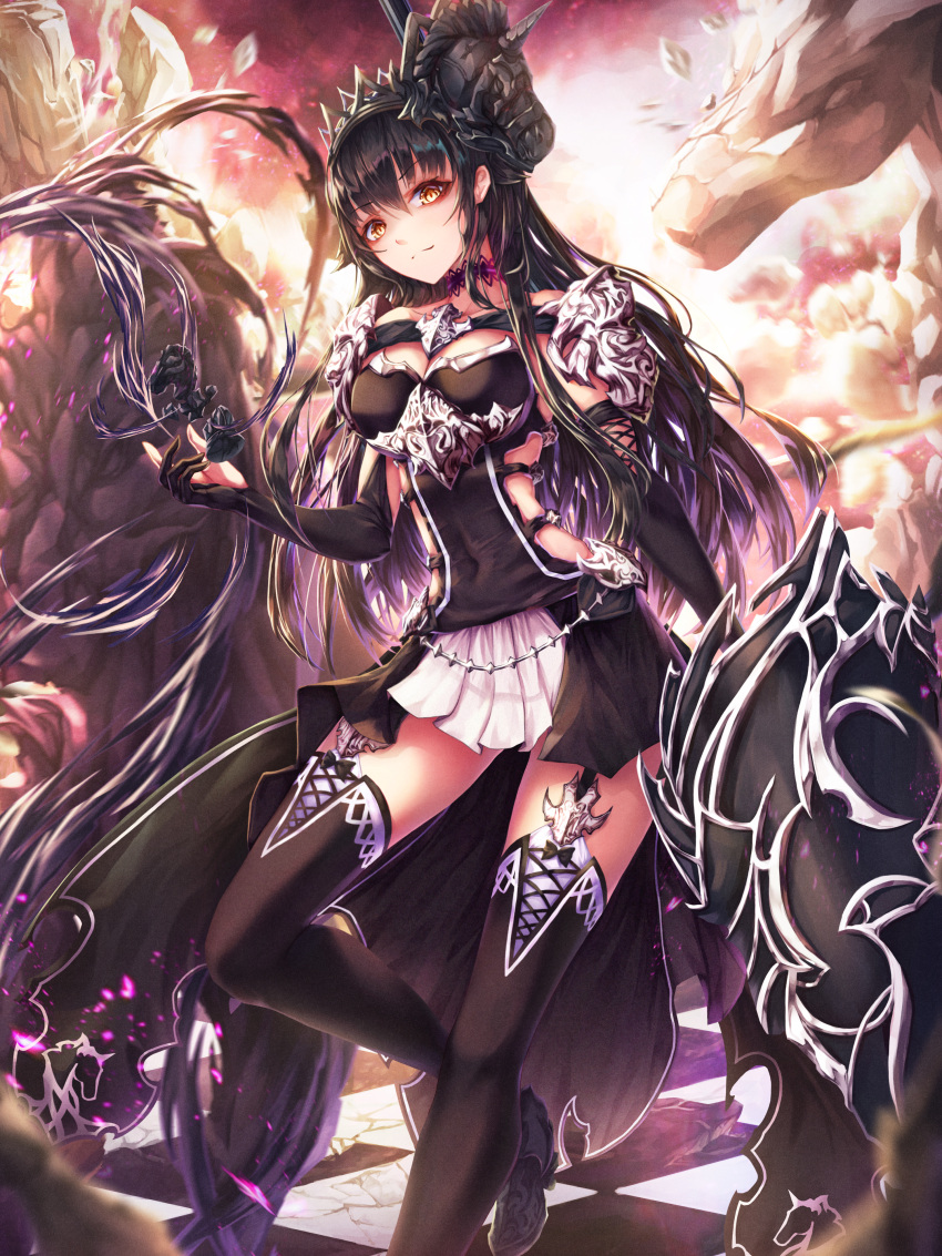 1girl absurdres armor bangs black_choker black_flower black_footwear black_gloves black_hair black_hairband black_skirt black_thighhighs boots breasts brown_eyes chess_piece choker cleavage closed_mouth commentary covered_navel crown elbow_gloves flower foot_out_of_frame garter_straps gloves h2o_(dfo) hair_between_eyes hairband high-low_skirt highres holding holding_polearm holding_weapon knight_(chess) long_hair looking_at_viewer medium_breasts original polearm shoulder_armor side_cutout sideless_outfit silver_trim skirt solo standing standing_on_one_leg statue symbol-only_commentary thighhighs tile_floor tiles two-tone_skirt weapon white_skirt yellow_eyes