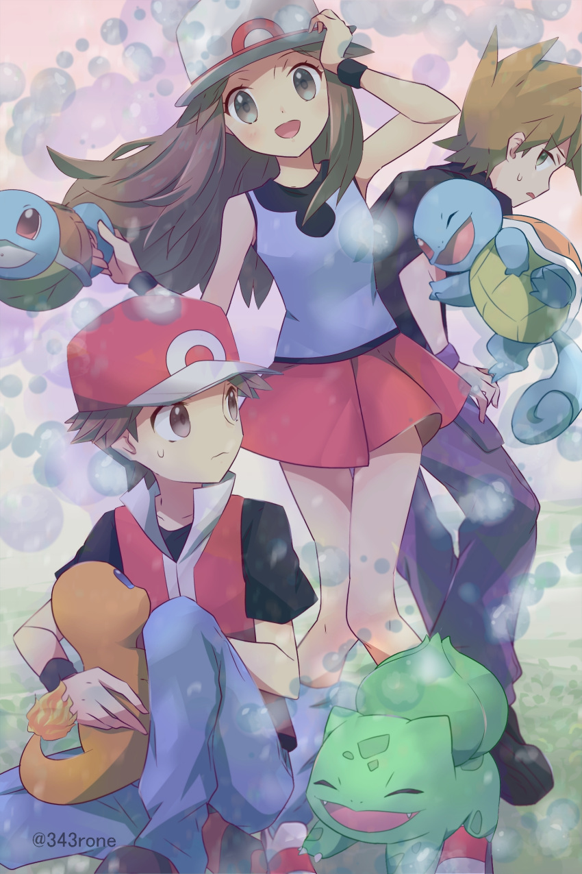 1girl 2boys 343rone absurdres baseball_cap black_shirt blue_eyes blue_oak blue_shirt brown_eyes brown_hair bubble bulbasaur charmander closed_eyes closed_mouth floating_hair hand_up hat highres holding holding_clothes holding_hat holding_pokemon jumping leaf_(pokemon) long_hair looking_at_another multiple_boys open_mouth orange_hair pants pigeon-toed pokemon pokemon_(creature) pokemon_(game) pokemon_frlg red_(pokemon) red_eyes red_skirt shirt shoes short_hair short_sleeves skirt sleeveless sleeveless_shirt spiked_hair squirt_bottle_(pokemon) squirtle sweatdrop wristband