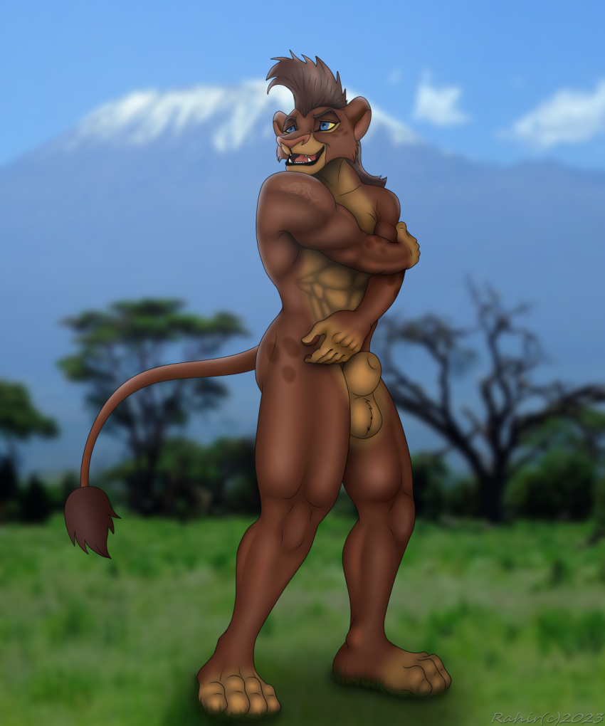 animal_genitalia anthro baliyo balls digital_media_(artwork) disney domestic_cat felid feline felis furry genitals hi_res invalid_tag jacked lion lion_guard male mammal mohawk muscular nsfw nude pantherine savanna sheath shirtless shredded the_lion_king