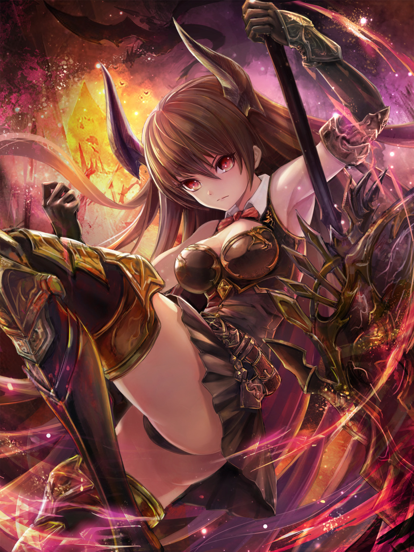 1girl arm_guards armor armored_boots armpits arms_at_sides ass belt black_panties black_skirt boots breasts brown_hair cleavage commentary_request demon_horns dragon draph elbow_gloves forte_(shingeki_no_bahamut) gloves granblue_fantasy highres holding holding_weapon horns leg_up long_hair looking_at_viewer medium_breasts panties pantyshot photoshop_(medium) pleated_skirt red_eyes revision saya_kuroha shingeki_no_bahamut shiny_skin skirt sleeveless solo standing standing_on_one_leg thigh_boots thighhighs thighs underwear upskirt weapon