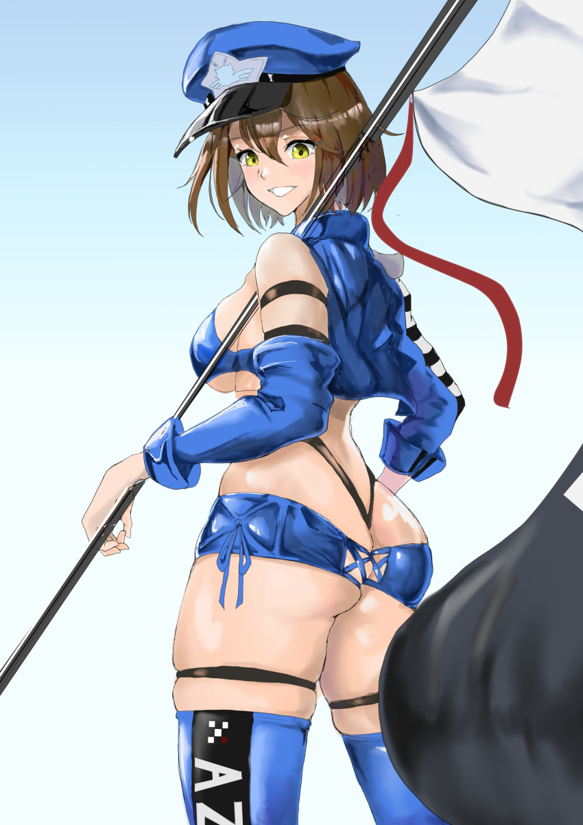 1girl absurdres ass azur_lane baltimore_(azur_lane) baltimore_(finish_line_flagbearer)_(azur_lane) bangs bikini black_bikini blue_background blue_bikini blue_footwear blue_headwear blue_jacket blue_shorts blue_sleeves boots breasts brown_hair cleavage clothes_writing commentary cowboy_shot cropped_jacket detached_sleeves flag from_behind fujibori hair_between_eyes hat highleg highleg_bikini highres holding holding_pole jacket large_breasts looking_at_viewer micro_shorts mismatched_bikini official_alternate_costume parted_lips peaked_cap pole race_queen short_hair shorts sidelocks simple_background single_bare_shoulder single_sleeve skindentation smile solo standing swimsuit thigh_boots thigh_strap yellow_eyes