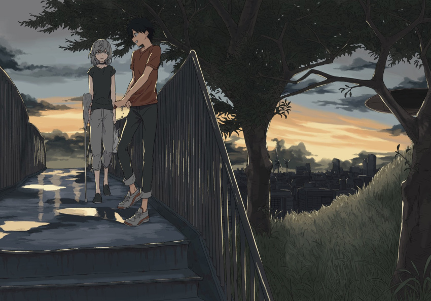 2boys accelerator_(toaru_majutsu_no_index) against_fence albino ambiguous_gender androgynous bag bangs black_choker black_eyes black_footwear black_hair black_pants black_shirt bridge cane choker cityscape cloud cloudy_sky expressionless fence grass grin highres holding holding_bag holding_cane holding_crutch jisoku_(168km1) kamijou_touma looking_at_another multiple_boys nature open_mouth pale_skin pants pants_rolled_up plastic_bag puddle red_eyes red_shirt sanpaku shirt shoes short_hair short_sleeves sky smile sneakers spiked_hair stairs sunset toaru_majutsu_no_index tree wet white_footwear white_hair white_pants wide_shot wringing_clothes
