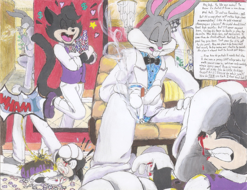 absurd_res anthro background_character ballbusting black_tie_(suit) blood bodily_fluids bugs-bunny_(artist) bugs_bunny bullying casino cigarette clothing cock_and_ball_torture disney domestic_cat dominant dominant_male duo felid feline felis foot_fetish foot_on_face gambling gangster genital_fluids genital_torture gloves handwear hi_res insult judy_hopps lagomorph leporid looney_tunes male mammal nosebleed punch punishment rabbit speech_bubble stage_show standing_over submissive submissive_male suit toony traditional_media_(artwork) urine warner_brothers watersports zootopia