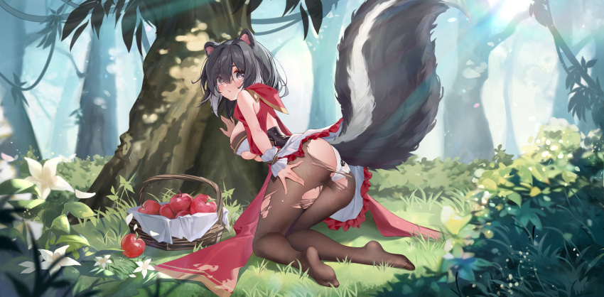 1girl absurdres apple arm_support ass bangs basket black_hair breasts brown_pantyhose cannian_dada character_request day flower food forest frilled_skirt frills from_behind fruit grey_eyes hair_between_eyes highres kneeling large_breasts looking_at_viewer looking_back nature no_shoes outdoors panties pantyhose petals red:_pride_of_eden red_apple short_eyebrows skirt skunk_ears skunk_girl skunk_tail soles solo thick_eyebrows torn_clothes torn_pantyhose tree underwear white_flower white_panties white_skirt