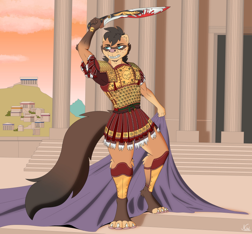 absurd_res alexander_the_great ancient_greece anthro armor bared_teeth barefoot belt blood blue_eyes bodily_fluids bottomless brown_body brown_fur brown_hair clothed clothing detailed digital_drawing_(artwork) digital_media_(artwork) digitigrade domestic_cat domestic_ferret feet felid feline felis fluffy fluffy_tail fur golden_clothing hair hi_res holding_object holding_weapon hybrid male mammal melee_weapon messy_hair mustelid musteline nickelcatengine orange_sky paws pillar pink_body pink_nose pink_skin purple_cloth raised_arm red_clothing shin_guard shin_pads solo sword tail temple true_musteline weapon weasel