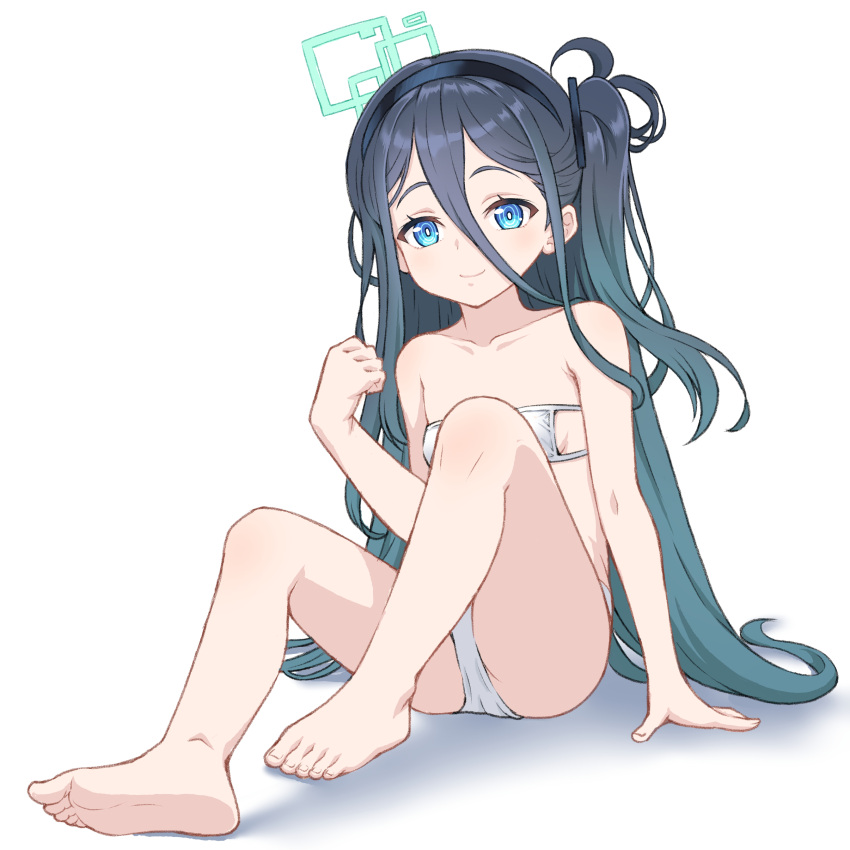 1girl absurdres alternate_costume aqua_hair aris_(blue_archive) arm_support armpit_crease barefoot bikini black_hair black_hairband blue_archive blue_eyes blush breasts collarbone eyelashes feet full_body gradient_hair hair_between_eyes hairband hand_up highres kasanui knees_up legs long_hair multicolored_hair one_side_up shadow side_ponytail simple_background small_breasts soles solo swimsuit toenails toes very_long_hair white_background white_bikini