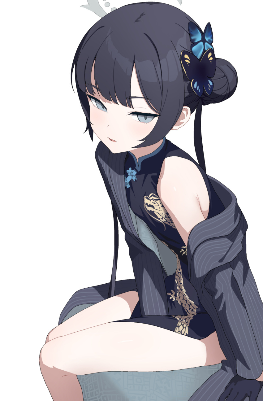 1girl black_gloves black_hair black_jacket blue_archive butterfly_hair_ornament china_dress chinese_clothes dociracira dragon_print dress gloves grey_eyes hair_ornament halo highres jacket kisaki_(blue_archive) long_hair print_dress simple_background sitting sleeveless sleeveless_dress solo striped striped_jacket thighs twintails vertical-striped_jacket vertical_stripes white_background