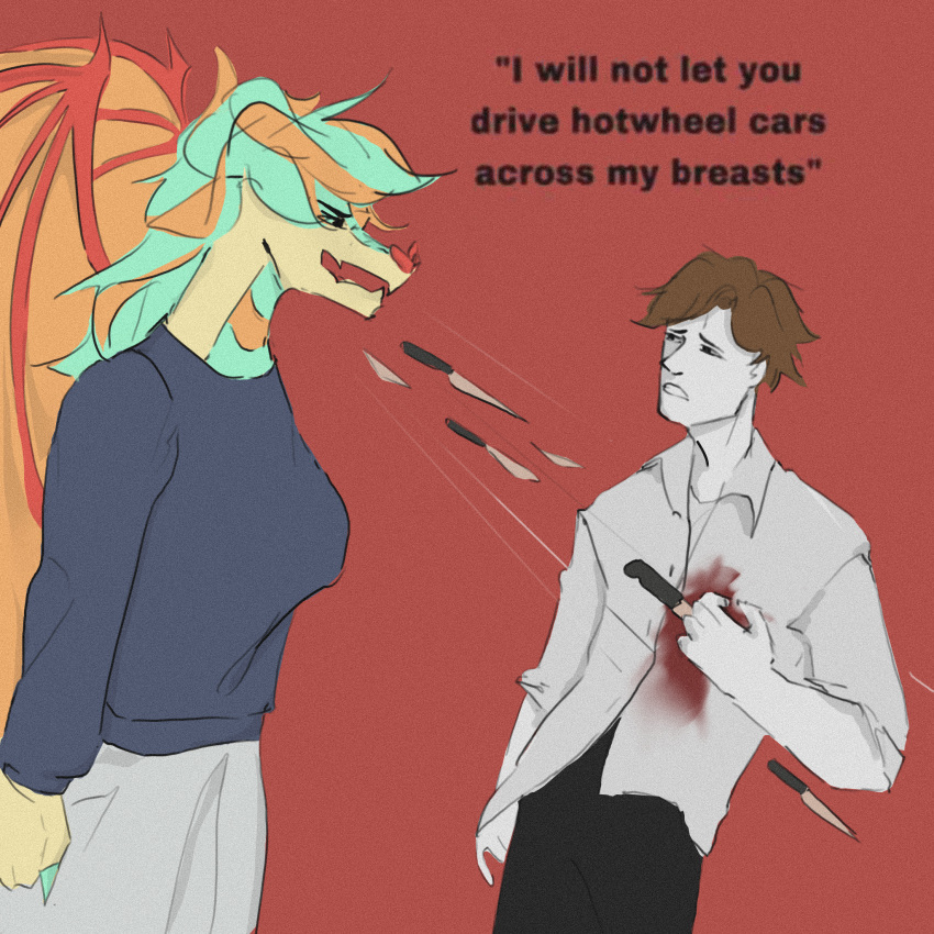 a_dragon's_tale_of_tails angry anthro blood bodily_fluids clothing cynthia_(adtot) dialogue dragon duo english_text female hair hi_res horn human humanoid hun_(adtot) knife looking_at_another looking_at_partner male male/female mammal meme miaotwo multicolored_hair school_uniform stab_wound text two_tone_hair uniform wings woman_shouting_knives wounded