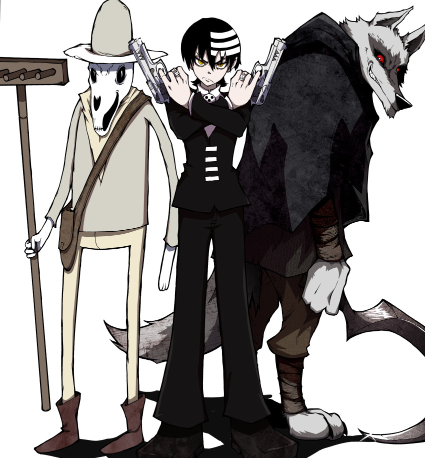 3boys absurdres adventure_time animal_nose black_hair black_pants boots cloak closed_mouth collared_shirt colored_sclera crossover death_(adventure_time) death_(puss_in_boots) death_the_kid dual_wielding frown furry furry_male grin gun hat highres holding holding_gun holding_weapon kekel long_sleeves looking_at_viewer multicolored_hair multiple_boys multiple_crossover name_connection pants puss_in_boots puss_in_boots:_the_last_wish red_sclera shirt skeleton smile snout soul_eater weapon white_hair