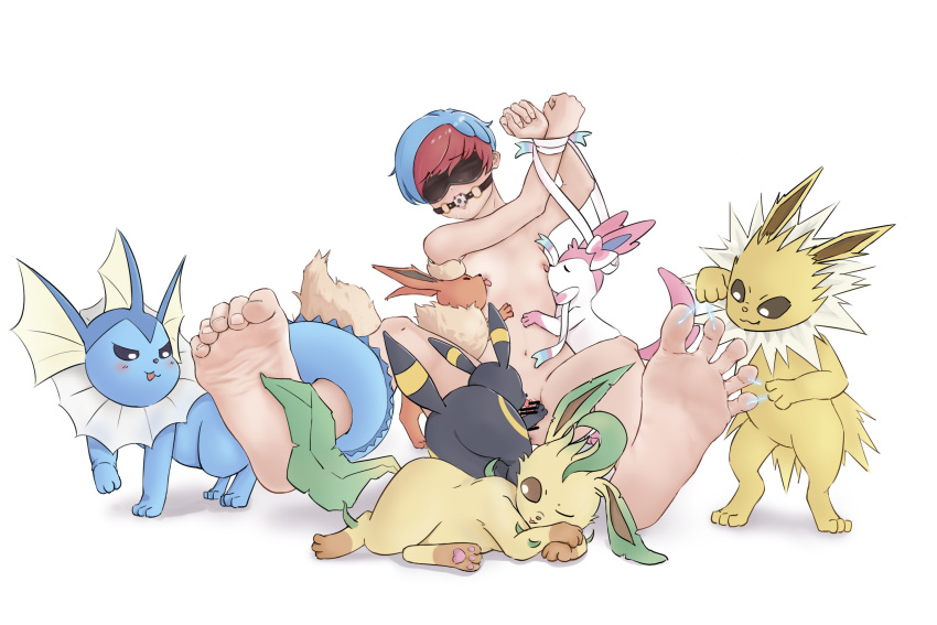 bdsm black_body blue_body bondage bound brown_body eeveelution espeon female feral generation_1_pokemon generation_2_pokemon generation_4_pokemon generation_6_pokemon glaceon green_body group hi_res human johnsonhhh jolteon leafeon mammal nintendo nude penny_(pokemon) pink_body pokemon pokemon_(species) simple_background sylveon umbreon vaporeon white_background white_body yellow_body