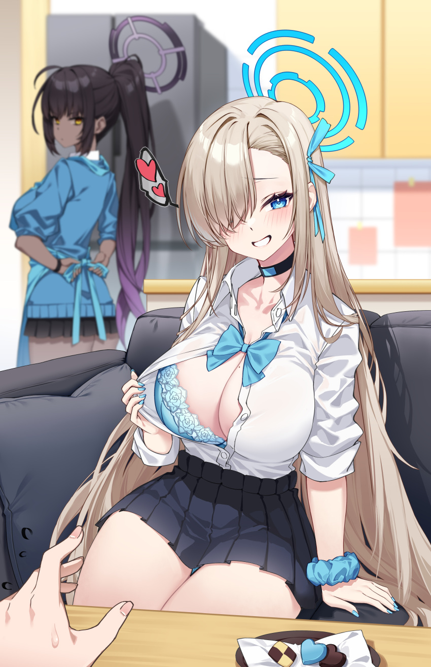 1other 2girls absurdres apron arm_support asuna_(blue_archive) bangs black_hair black_skirt blue_archive blue_bow blue_bowtie blue_bra blue_cardigan blue_nails blue_panties blue_ribbon blue_scrunchie blurry bow bowtie bra breasts candy cardigan chocolate cleavage clothes_pull collared_shirt colored_tips couch dark-skinned_female dark_skin depth_of_field dress_shirt flashing flying_sweatdrops food gradient_hair grin hair_over_one_eye hair_ribbon halo heart heart-shaped_chocolate heart-shaped_pupils high_ponytail highres indoors karin_(blue_archive) large_breasts light_brown_hair long_finger long_hair miniskirt mole mole_on_breast multicolored_hair multiple_girls nail_polish on_couch one_eye_covered panties panty_peek partially_unbuttoned pleated_skirt pov pov_hands pulled_by_self purple_hair raised_eyebrows ribbon school_uniform scrunchie shirt shirt_pull shirt_tucked_in sidelocks sitting skirt sleeves_rolled_up smile solo_focus spoken_heart sweatdrop symbol-shaped_pupils thighs tying_apron underwear very_long_hair white_shirt wrist_scrunchie yellow_eyes yuxian_youka