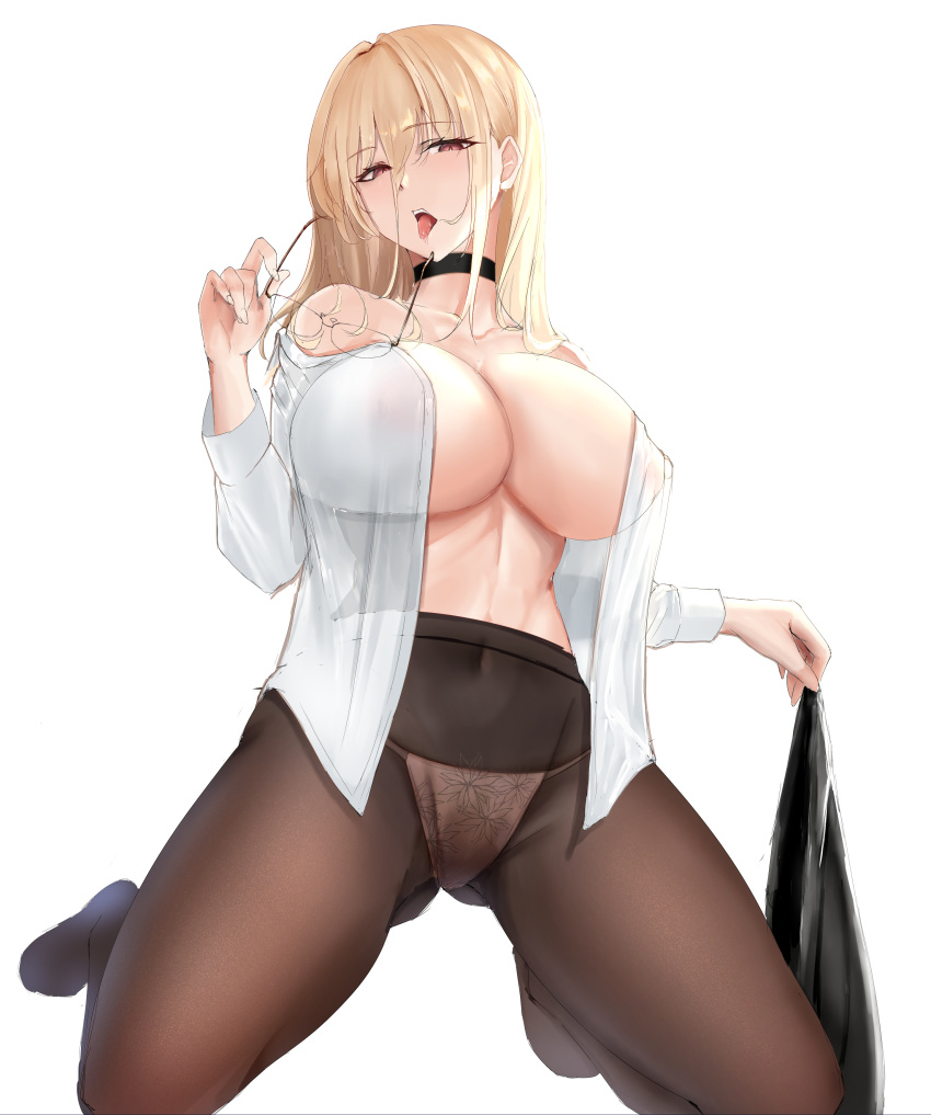 1girl absurdres azur_lane black_choker black_pantyhose blonde_hair breasts choker collared_shirt covered_nipples full_body highres implacable_(azur_lane) implacable_(shepherd_of_the_"lost")_(azur_lane) kneeling large_breasts long_hair mippei no_bra off-shoulder_shirt off_shoulder official_alternate_costume open_clothes open_shirt panties panties_under_pantyhose pantyhose red_eyes removing_eyewear round_eyewear shirt skirt skirt_removed tongue tongue_out underwear very_long_hair white_background white_shirt