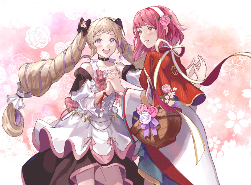 2girls :d ankle_boots basket blonde_hair blush boots bow choker collarbone detached_sleeves dress drill_hair elise_(fire_emblem) elise_(valentine)_(fire_emblem) fire_emblem fire_emblem_fates fire_emblem_heroes flower_bracelet hair_bow hairband highres holding holding_basket holding_hands japanese_clothes kimono long_hair multiple_girls official_alternate_costume open_mouth pink_background pink_eyes pink_hair purple_eyes purple_hair sakura_(fire_emblem) sakura_(valentine)_(fire_emblem) short_hair smile sobasakuhin teeth twintails very_long_hair white_background white_dress white_hairband white_kimono