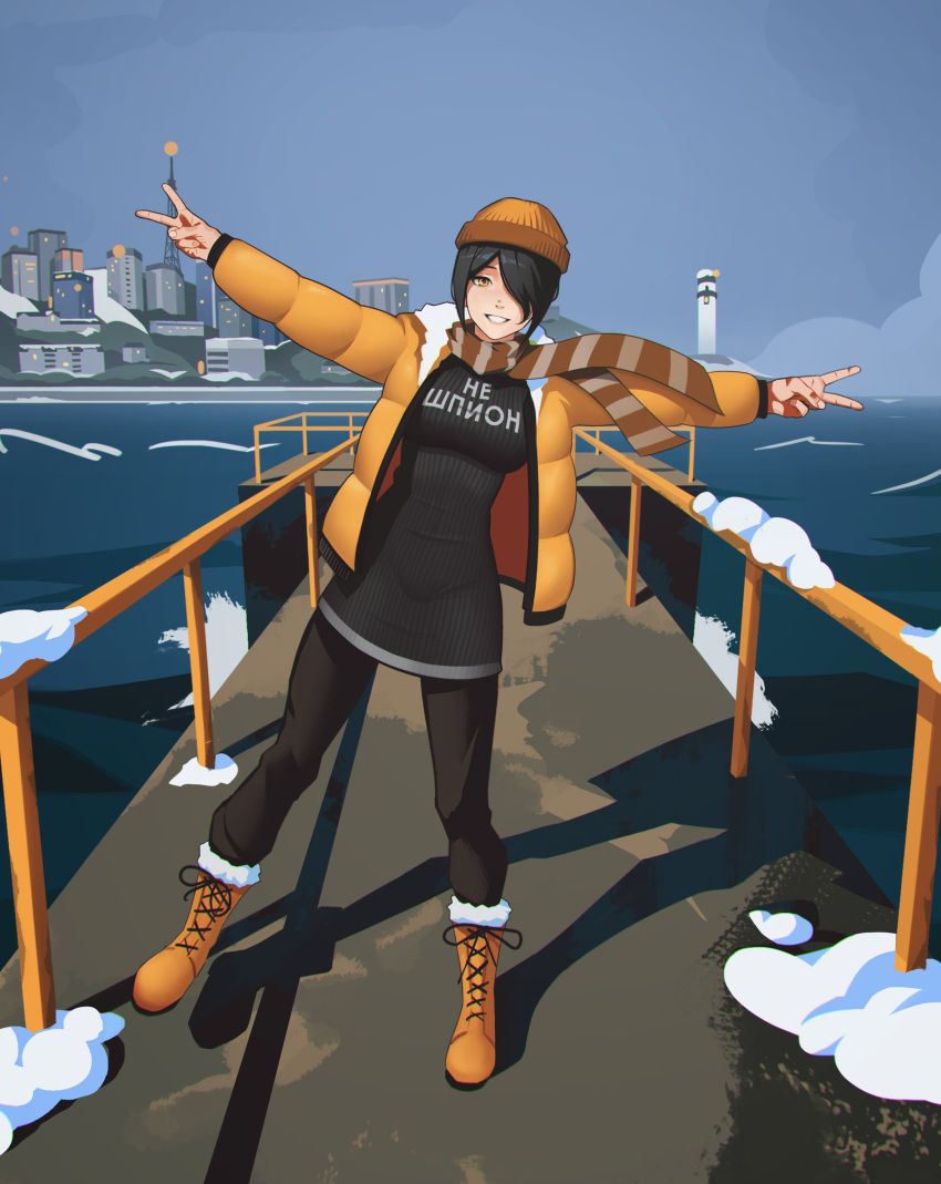 1girl absurdres beanie black_hair black_pants black_sweater blue_sky chainsaw_man commentary dock double_v down_jacket dress english_commentary fur-trimmed_footwear hair_over_one_eye hat highres jacket lem lighthouse looking_at_viewer pants parted_lips reze_(chainsaw_man) russian_text short_hair sky smile solo standing standing_on_one_leg sweater sweater_dress translated v yellow_eyes yellow_headwear yellow_jacket