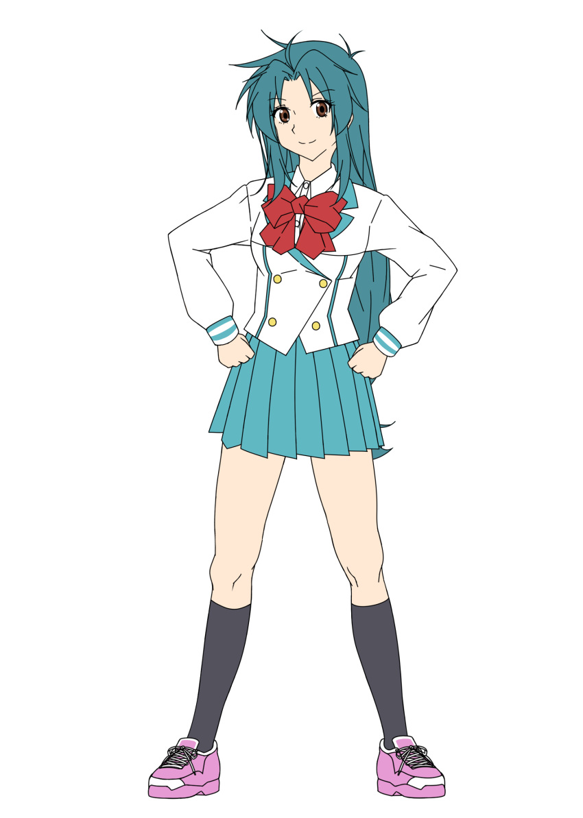 1girl absurdres black_socks blue_hair bow breasts brown_eyes chidori_kaname closed_mouth commentary_request full_body full_metal_panic! hands_on_hips highres jindai_high_school_uniform kneehighs long_hair looking_at_viewer low-tied_long_hair maru_sashi medium_breasts school_uniform shirt skirt smile socks solo white_background