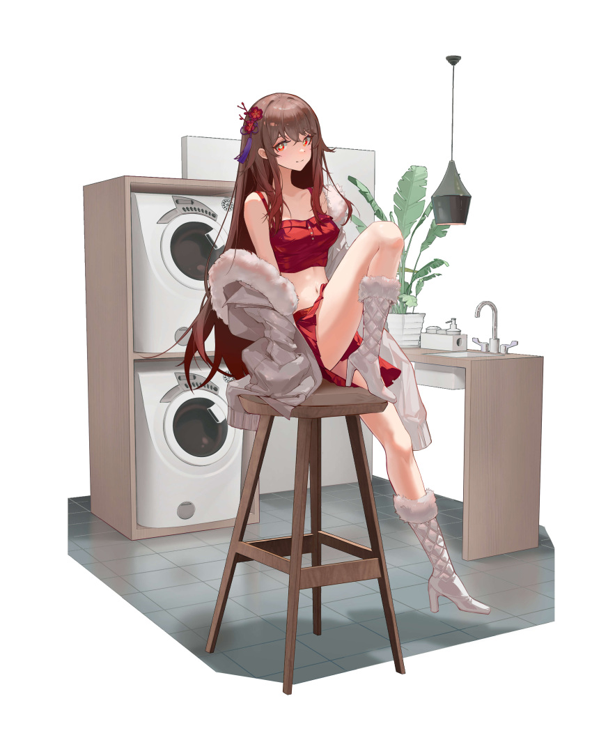 1girl absurdres ai_dongdong alternate_costume bare_legs bare_shoulders boots breasts brown_hair camisole closed_mouth colored_tips commentary_request contemporary crop_top faucet flower flower-shaped_pupils foot_up full_body fur-trimmed_boots fur-trimmed_jacket fur_trim genshin_impact gradient_hair hair_flaps hair_flower hair_ornament high_heel_boots high_heels highres hu_tao_(genshin_impact) jacket jacket_partially_removed jpeg_artifacts lamp legs long_hair looking_at_viewer medium_breasts miniskirt multicolored_hair navel on_stool open_clothes open_jacket plant plum_blossoms potted_plant red_camisole red_eyes red_flower red_hair red_skirt sink sitting skirt sleeves_past_fingers sleeves_past_wrists smile solo spaghetti_strap stomach stool symbol-shaped_pupils tassel tassel_hair_ornament tile_floor tiles very_long_hair washing_machine white_background white_footwear