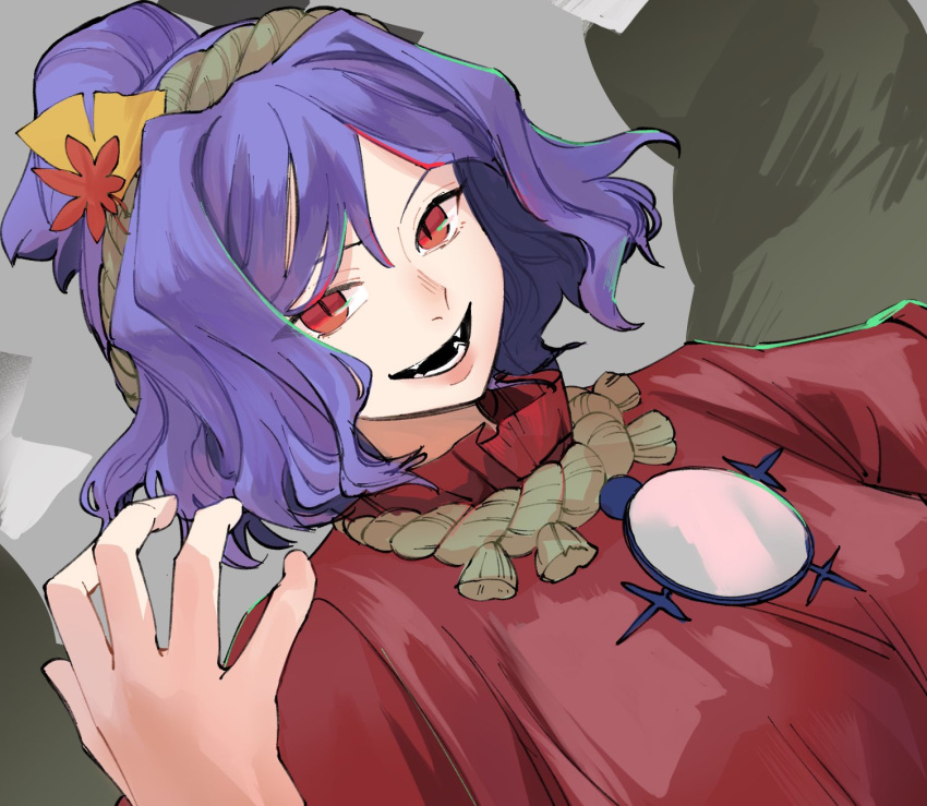 1girl amayadori-tei bangs blush breasts commentary_request fangs grey_background hair_ornament hand_up highres large_breasts leaf leaf_hair_ornament long_sleeves looking_at_viewer medium_hair mirror nose_blush purple_hair red_eyes red_shirt rope shimenawa shirt short_hair simple_background slit_pupils touhou upper_body wavy_hair yasaka_kanako