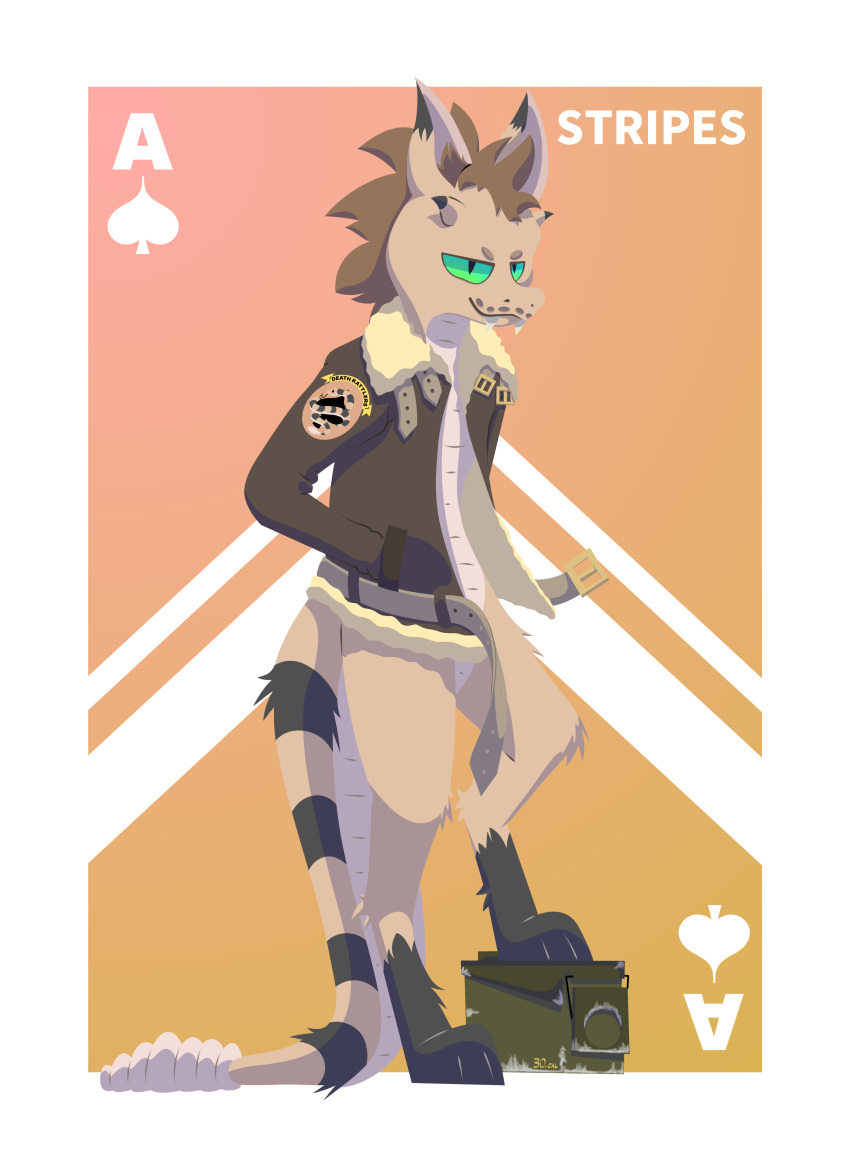 absurd_res ace_of_spades ambiguous_gender ammo_box anthro belt belt_buckle bethesda_softworks canid canine card clothed clothing digital_drawing_(artwork) digital_media_(artwork) english_text fallout feet fox fur hair hi_res jacket looking_at_viewer mammal night_stalker_(fallout) playing_card poundbandana reptile scalie simple_background smile snake solo spades_(suit) stripes_(betreevteararec) suit_symbol text topwear