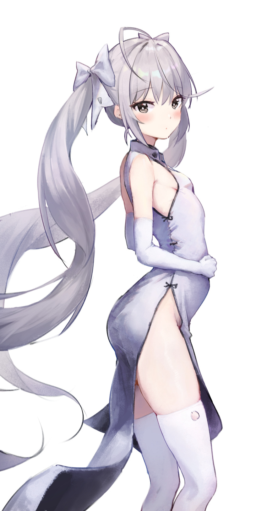 1girl absurdres ahoge arched_back bare_shoulders blush bow breasts bright_pupils china_dress chinese_clothes closed_mouth collared_dress dot_mouth dress elbow_gloves expressionless feet_out_of_frame floating_hair from_side gloves grey_eyes grey_hair hair_between_eyes hair_bow hands_on_own_stomach highres kasugano_sora long_dress long_hair no_panties sidelocks skindentation sleeveless sleeveless_dress small_breasts solo standing thighhighs thighs tight turning_head twintails very_long_hair white_background white_bow white_dress white_gloves white_pupils white_thighhighs xian_ovo yosuga_no_sora