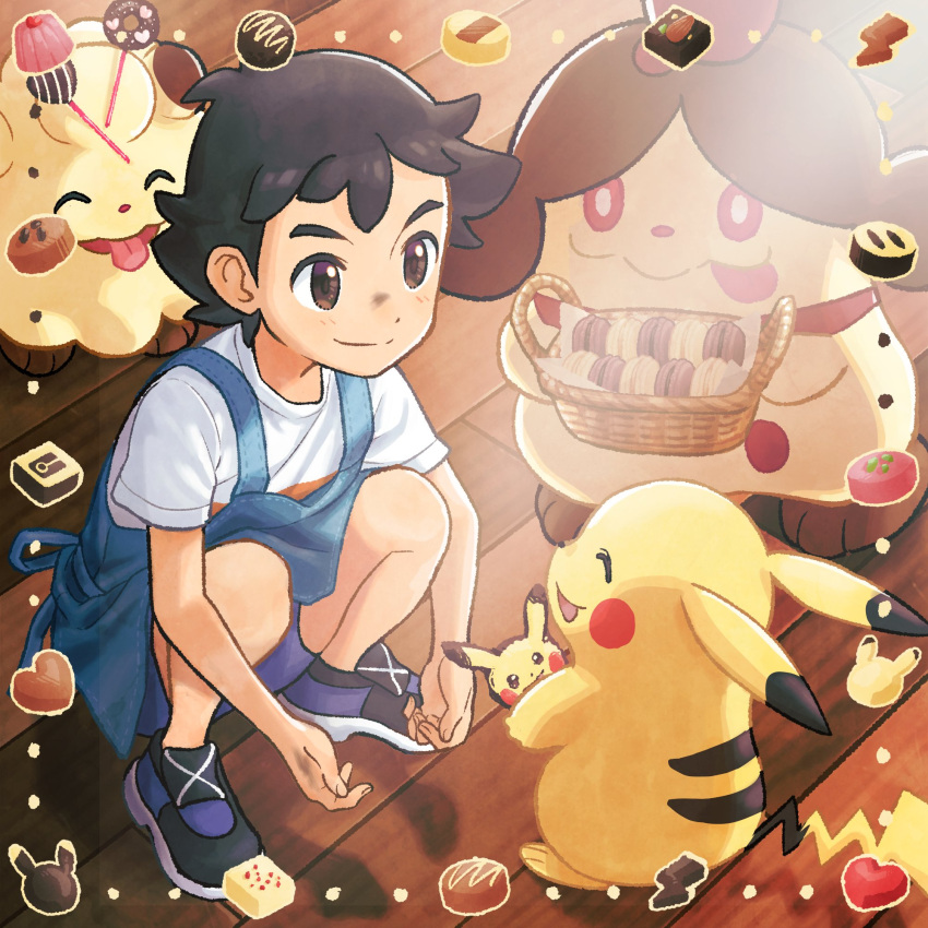 1boy apron ash_ketchum bangs basket black_footwear black_hair blush brown_eyes closed_mouth commentary framed highres male_focus minato_(mntnm) pikachu pokemon pokemon_(anime) pokemon_(creature) pokemon_journeys shirt shoes short_hair short_sleeves shorts slurpuff smile split_mouth squatting swirlix symbol-only_commentary t-shirt white_shirt wooden_floor