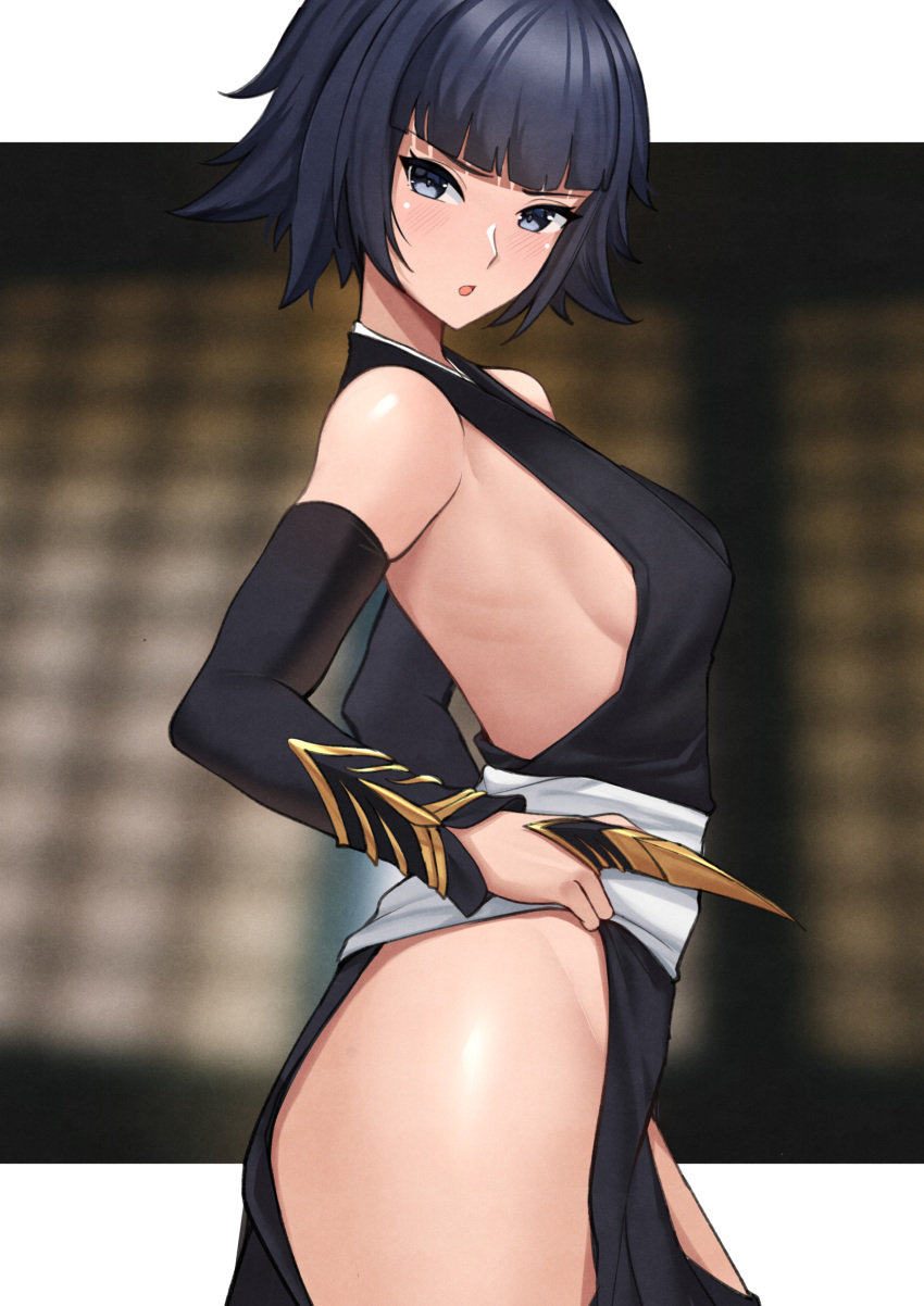 1girl absurdres alternate_hair_length alternate_hairstyle bangs black_hair black_sleeves bleach blue_eyes blunt_bangs blurry blurry_background breasts detached_sleeves from_side highres japanese_clothes light_blush looking_at_viewer nassss open_mouth outside_border pelvic_curtain shikai sideless_outfit simple_background small_breasts solo sui-feng suzumebachi_(shikai)