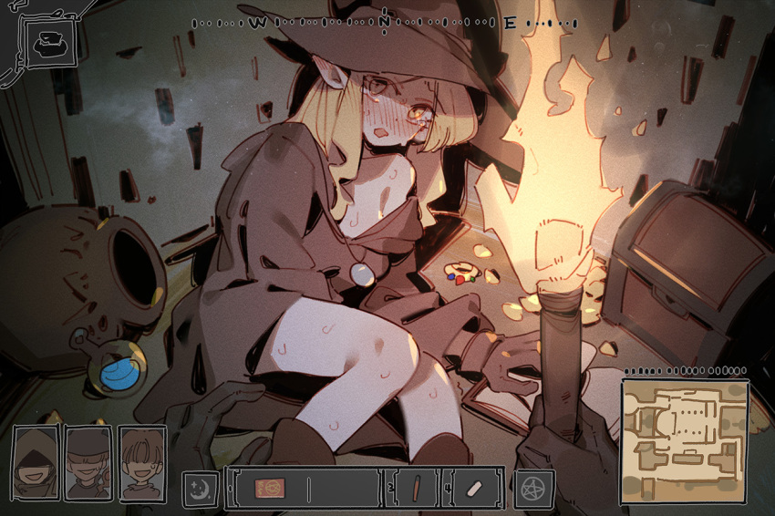 1girl :o blonde_hair blush book boots bottle breasts brown_footwear brown_gloves brown_headwear collarbone dark_and_darker fire gem gloves gold gsusart holding holding_torch jewelry large_breasts long_hair looking_at_viewer open_book pointy_ears pov sweat torch treasure_chest yellow_eyes