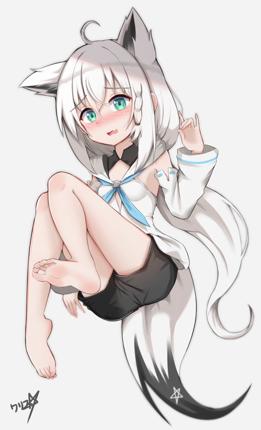1girl absurdres ahoge animal_ears armpits bangs bare_legs barefoot black_shorts blue_neckerchief blush boppin braid breasts cameltoe collared_shirt detached_sleeves extra_ears fang feet fox_ears fox_girl fox_shadow_puppet fox_tail full_body green_eyes grey_background hair_between_eyes hair_tie hand_up highres hololive long_hair long_sleeves looking_at_viewer low_ponytail neckerchief nose_blush open_mouth pentagram sailor_collar sailor_shirt shirakami_fubuki shirt short_shorts shorts side_braid sidelocks signature simple_background skin_fang small_breasts soles solo tail thighs toes very_long_hair virtual_youtuber wavy_mouth white_hair white_shirt white_sleeves