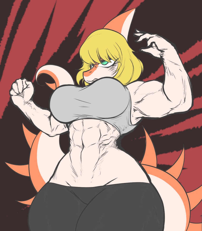 2022 abs abstract_background anthro ather_os athletic athletic_anthro athletic_female biceps big_breasts blonde_hair breasts clothing crop_top curvaceous curvy_figure digital_drawing_(artwork) digital_media_(artwork) dinosaur eyelashes female fingers hadrosaurid hair hi_res i_wani_hug_that_gator long_tail low-riding mia_(iwhtg) midriff multicolored_body multicolored_scales muscular muscular_anthro muscular_female navel orange_body orange_scales ornithischian parasaurolophus reptile scales scalie shirt simple_background solo spikes spikes_(anatomy) tail tan_body tan_scales teal_eyes thick_thighs topwear two_tone_body two_tone_scales v-cut voluptuous wide_hips