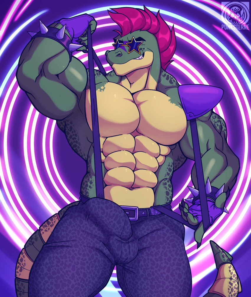 2023 abs abstract_background absurd_res alligator alligatorid anthro balls_outline barazoku belt biceps big_bulge big_muscles bottomwear bracelet bulge claws clothed clothing crocodilian detailed_bulge erection erection_under_clothing eyebrows eyewear facial_markings fingerless_gloves five_nights_at_freddy's five_nights_at_freddy's:_security_breach genital_outline gloves hair handwear head_markings hi_res huge_muscles jewelry male markings mohawk montgomery_gator_(fnaf) muscular muscular_anthro muscular_male navel obliques pants pattern_background pecs penis_outline reptile scalie scottgames seductive simple_background smile solo spiked_bracelet spikes spiral_background standing steel_wool_studios sunglasses suspenders topless topless_anthro topless_male vier_punksterne watermark