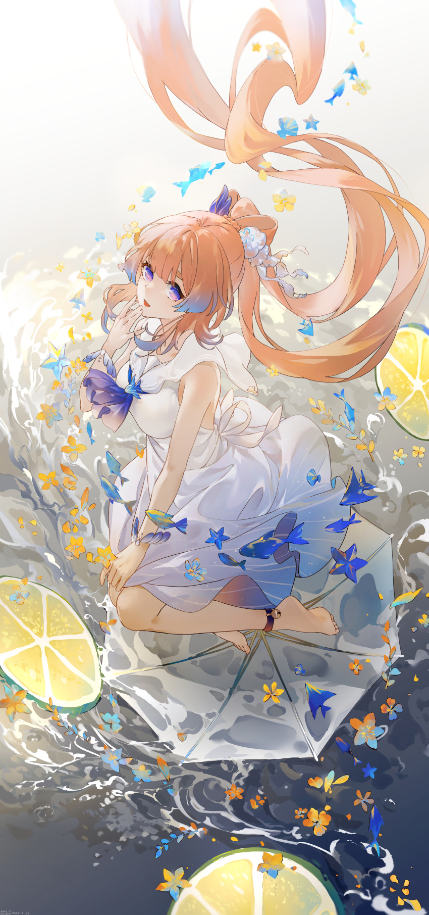 1girl absurdres air_bubble alternate_costume ankle_bell ankle_strap artist_name ascot bare_arms barefoot bell blue_hair bow-shaped_hair bubble chinese_commentary colored_tips commentary_request dated dress feet fish floating_hair flower food fruit full_body genshin_impact gradient_background gradient_hair grey_background hand_to_own_mouth hand_up head_wings highres jingle_bell lemon lemon_slice long_hair multicolored_hair orange_flower pink_hair purple_ascot purple_eyes sailor_collar sangonomiya_kokomi sleeveless sleeveless_dress soles solo starfish swkl:d thick_eyebrows toes twintails twitter_username two-tone_hair very_long_hair water white_dress white_sailor_collar yellow_flower