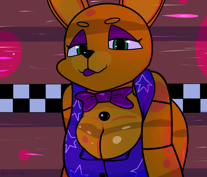 absurd_res animatronic big_breasts bow_tie breasts cleavage clothed clothing crawling crossgender desesperadoleon female five_nights_at_freddy's hi_res lagomorph leporid long_ears machine mammal rabbit robot scottgames simple_background solo spring_bonnie_(fnaf) tongue tongue_out yellow_body
